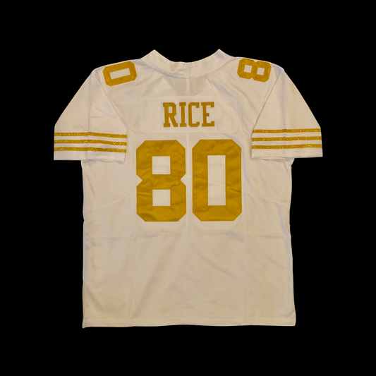 #80 Rice Hella Fitted Custom Stitched White and Gold Jersey