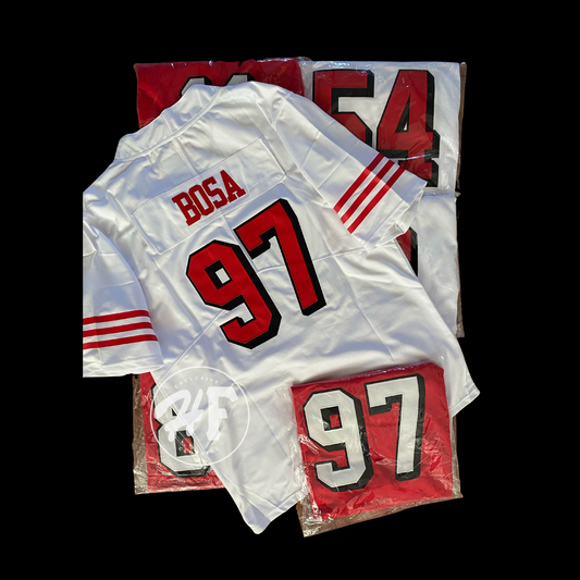 #97 Nick Bosa Stitched white 49ers jersey w/sb patch